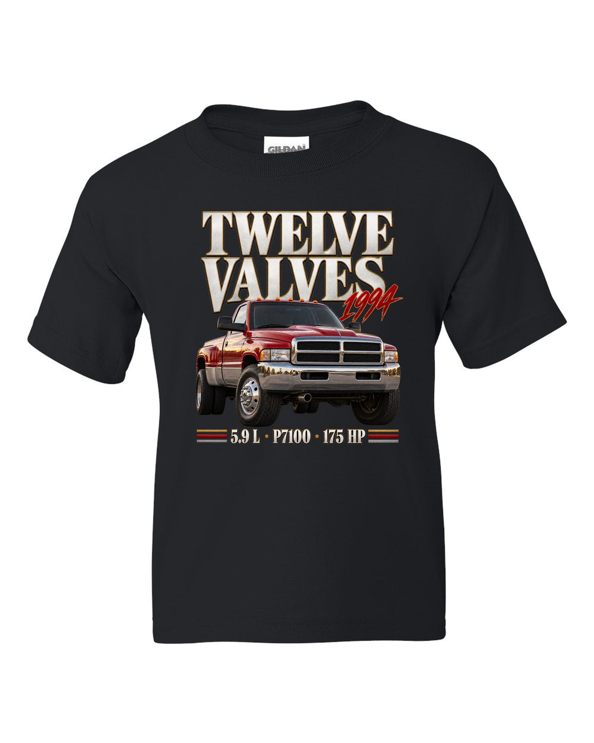 Editorial print of a 1994-98 Ram 2500 Cummins 5.9 12V with P7100 pump lettering black kids tee front view with the design