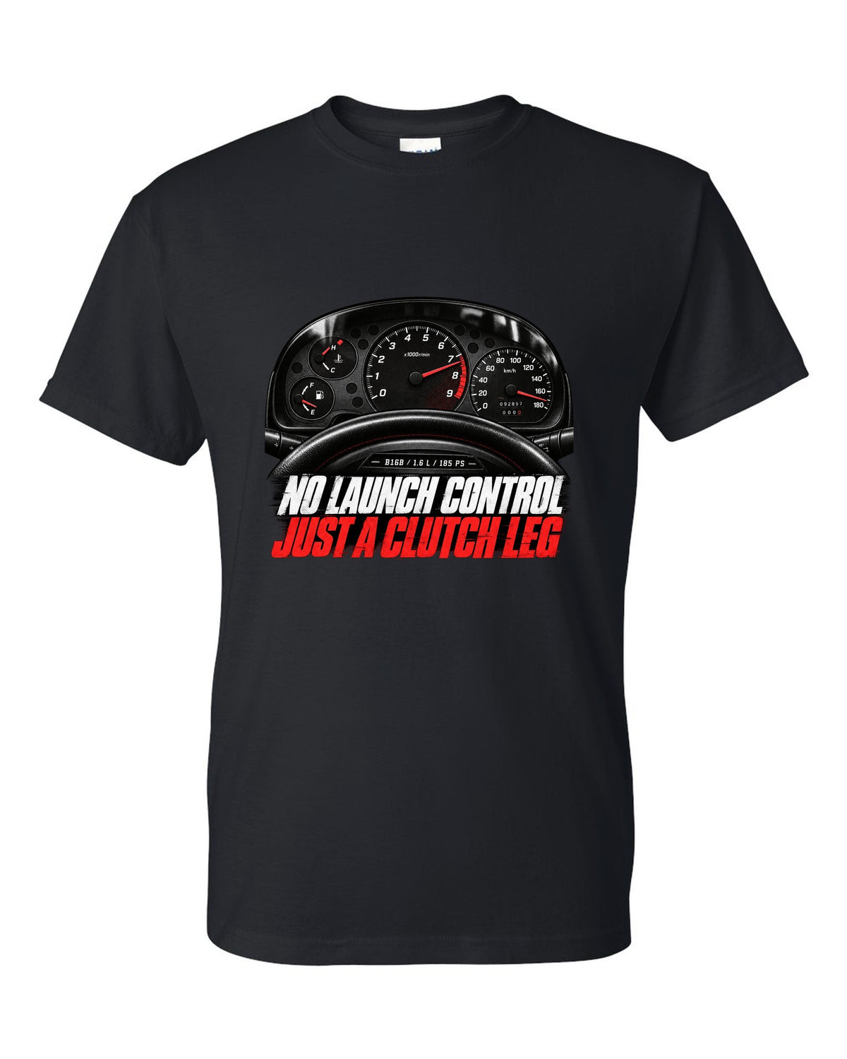 Cockpit gauge print of a 1997 Honda Civic EK9 chback with clutch leg text black t-shirt front view with the design