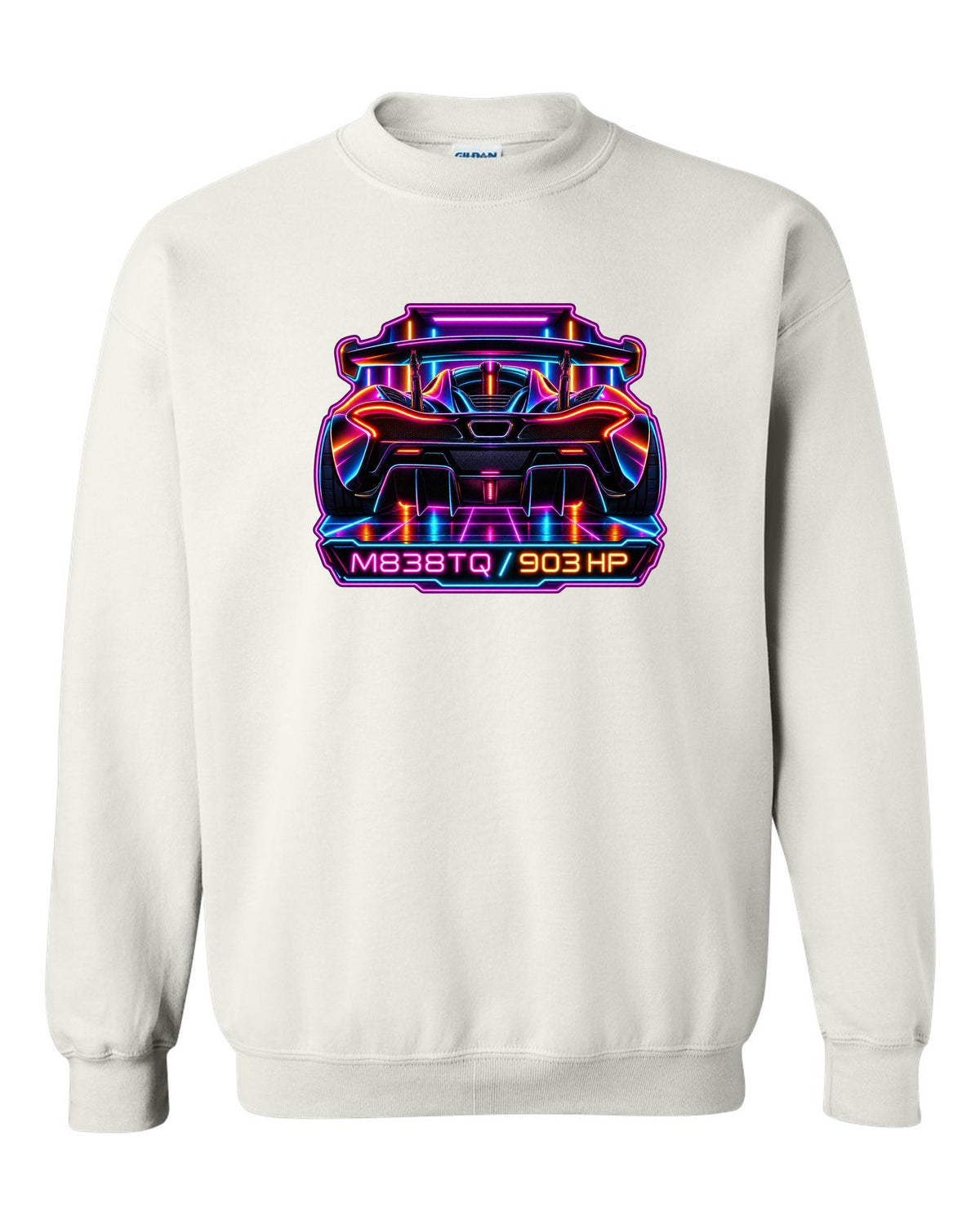 Synthwave neon print of the McLaren P1 with M838TQ and 903 HP lettering white crewneck front view with the design