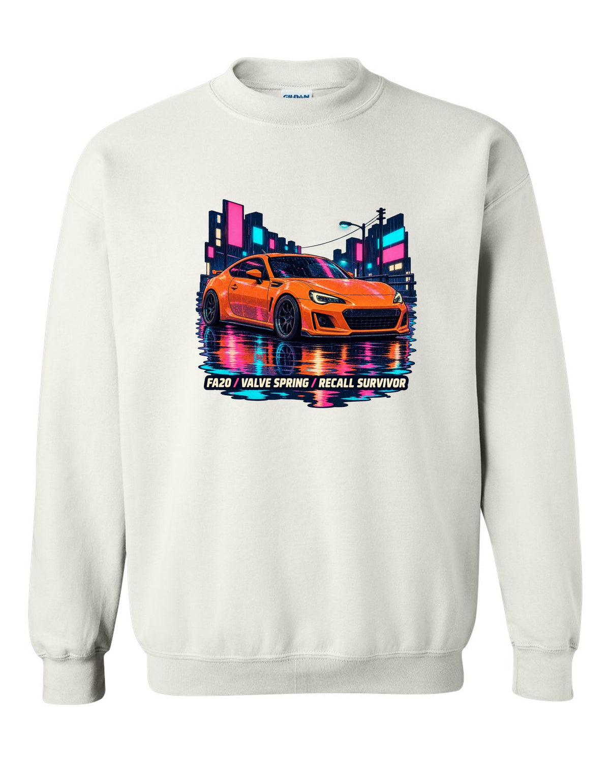 Subaru BRZ ZC6 in a rainy lo-fi anime night scene, FA20 / VALVE SPRING / RECALL SURVIVOR white crewneck front view with the design