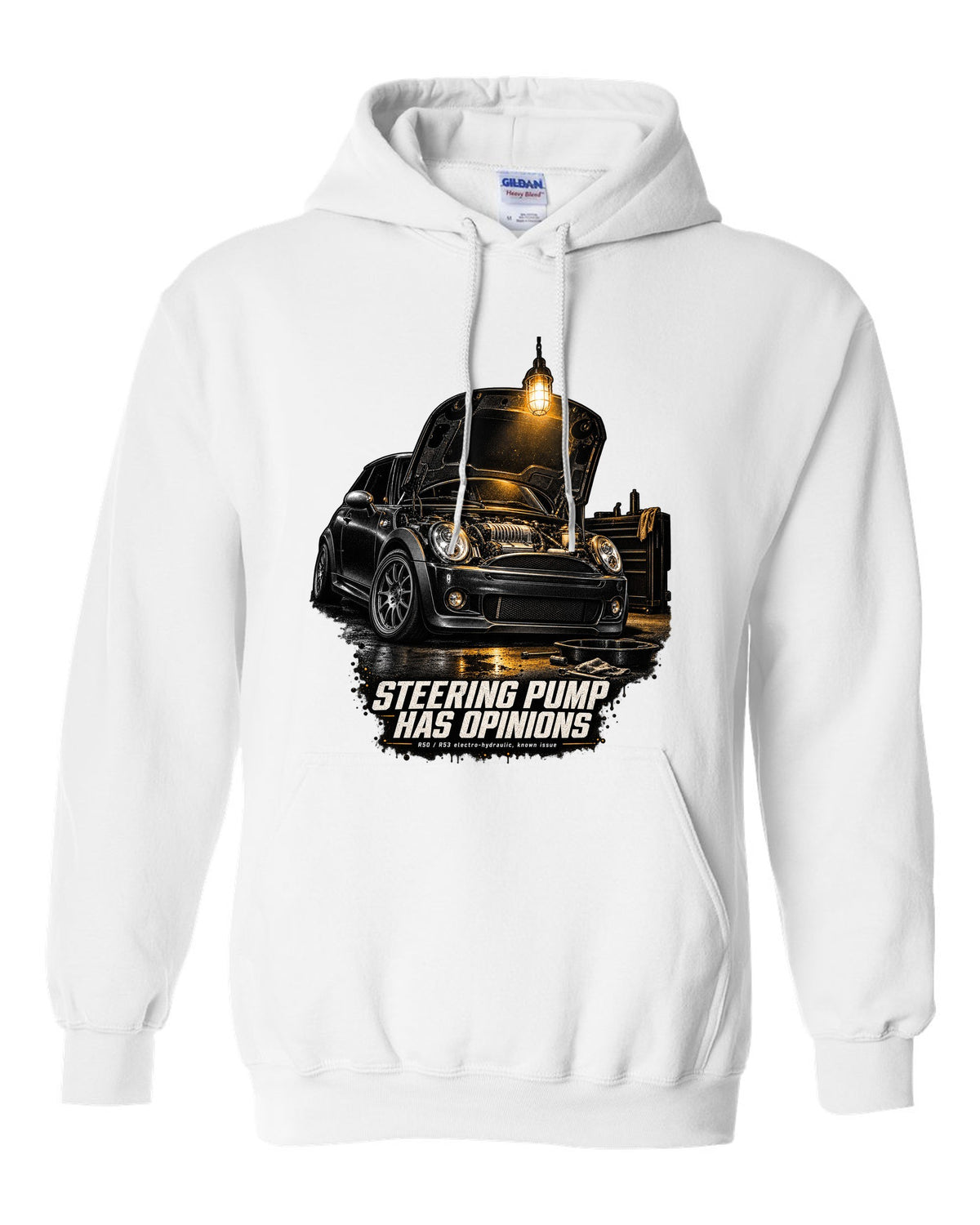 Mini Cooper S R53 garage night print with bonnet open and steering pump text white pull over hoodie front view with the design