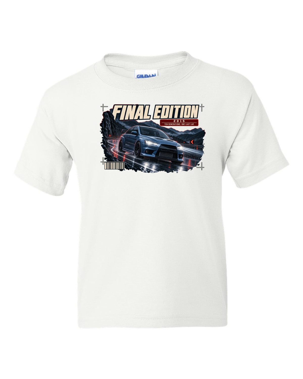Mitsubishi Lancer Evolution X Final Edition low front three-quarter at night print white kids tee front view with the design