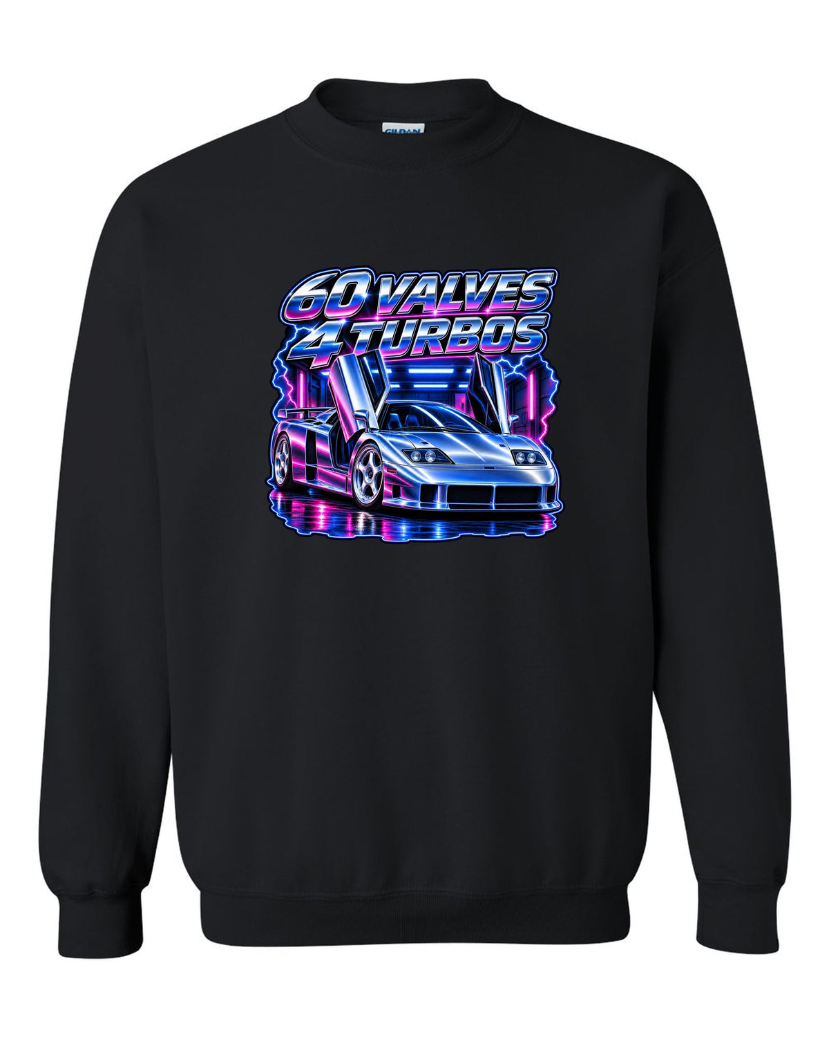 90s airbrush chrome print of a Bugatti EB110 SS with 60 valves and 4 turbos lettering black crewneck front view with the design