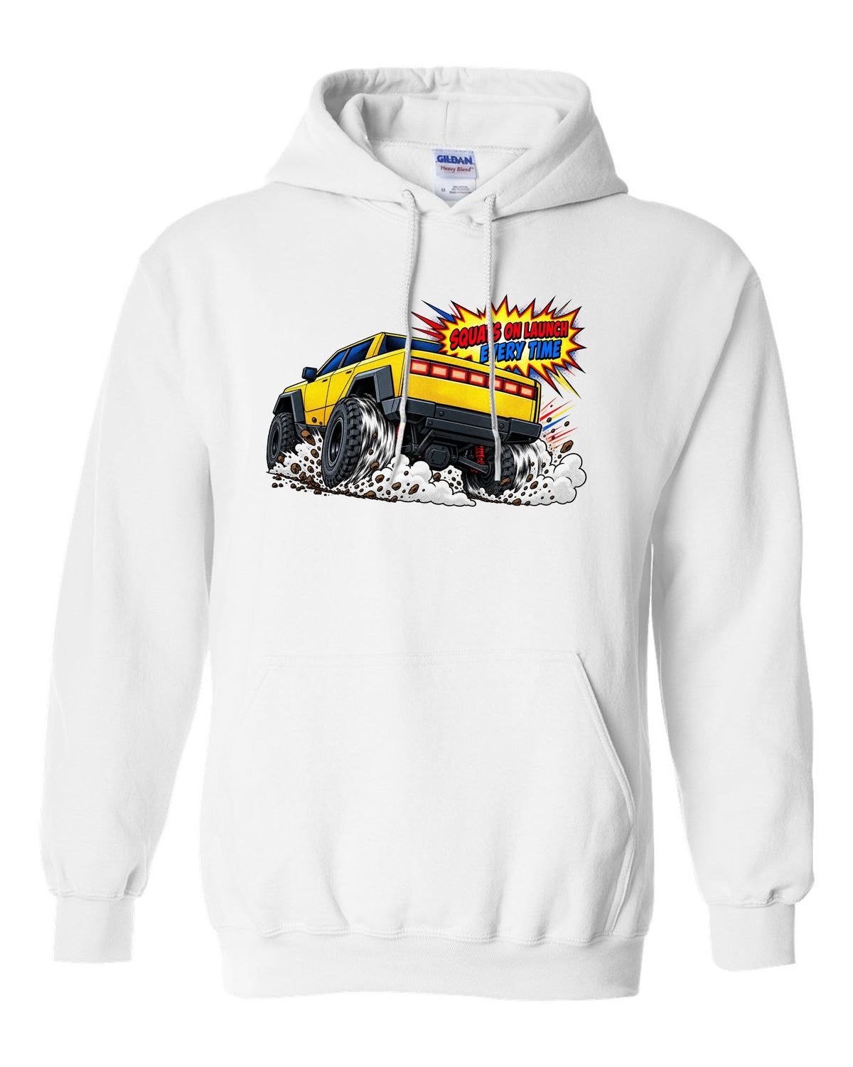 GMC Hummer EV comic halftone print with the words Squats On Launch Every Time white pull over hoodie front view with the design