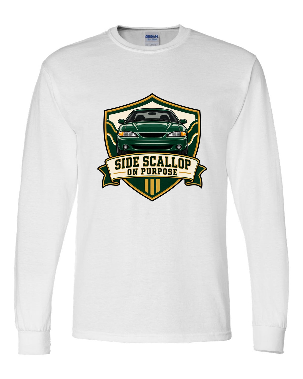 SN95 Mustang 1994-98 Varsity Crest white long sleeve front view with the design