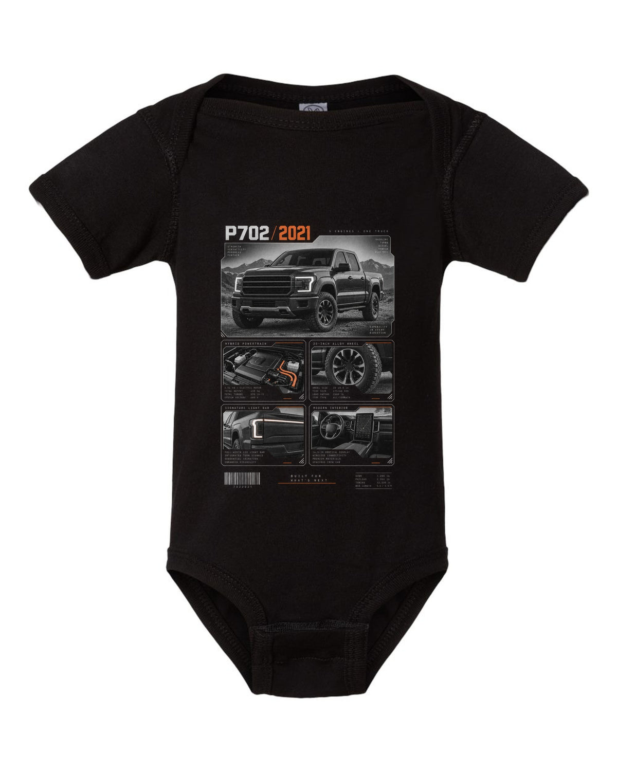 Dossier panel print of a 2021 Ford F-150 P702 light bar with five engines text black baby onesie front view with the design
