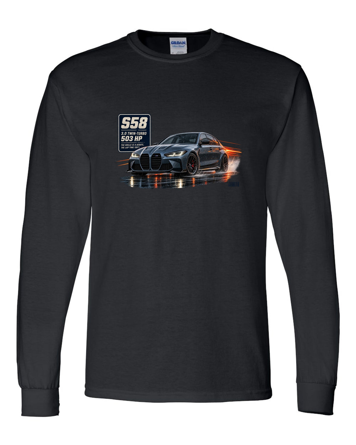 print of a BMW M3 Competition G80 on a night touge road in blue-grey black long sleeve front view with the design