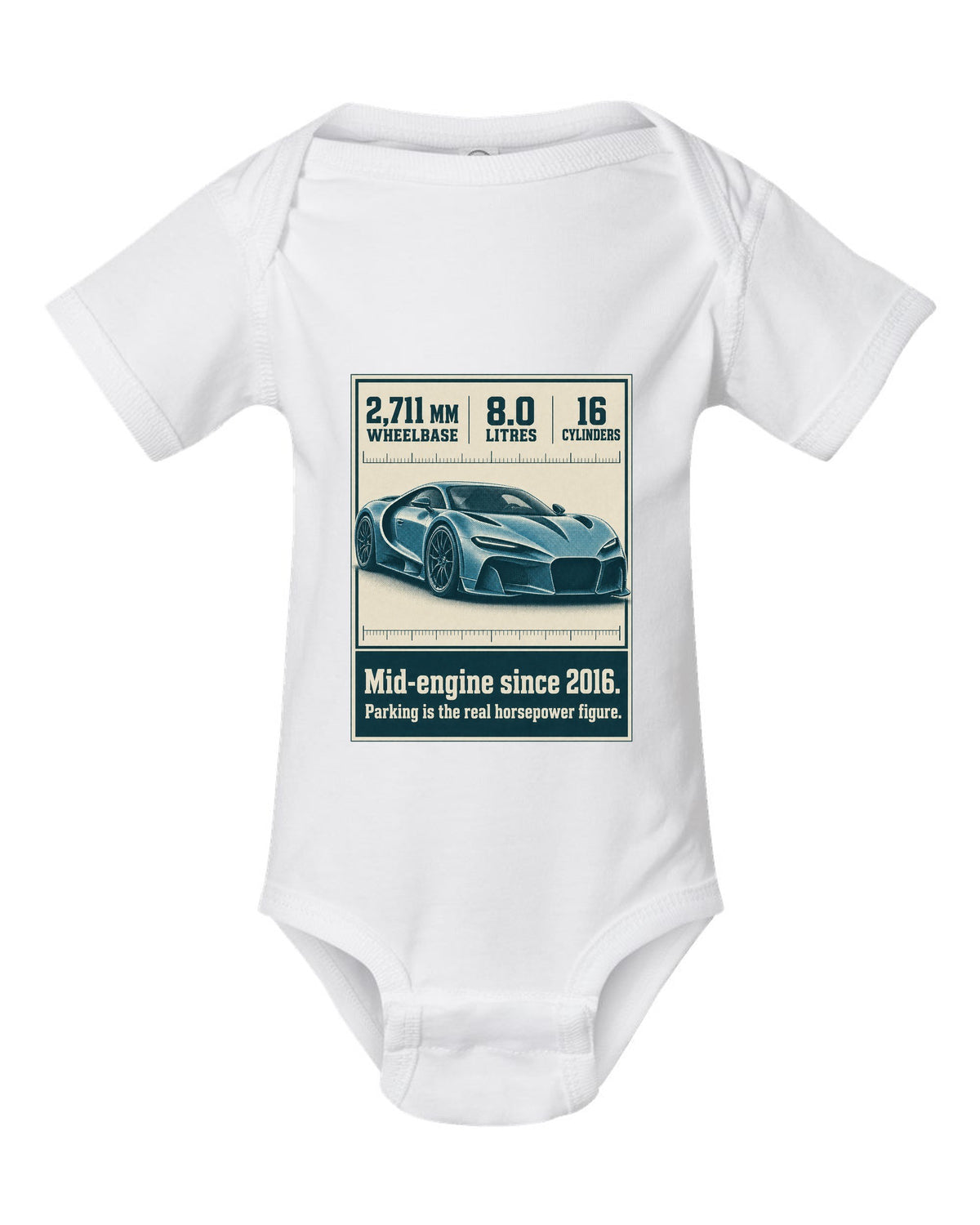 Bugatti Chiron Sport halftone print with wheelbase and engine facts white baby onesie front view with the design
