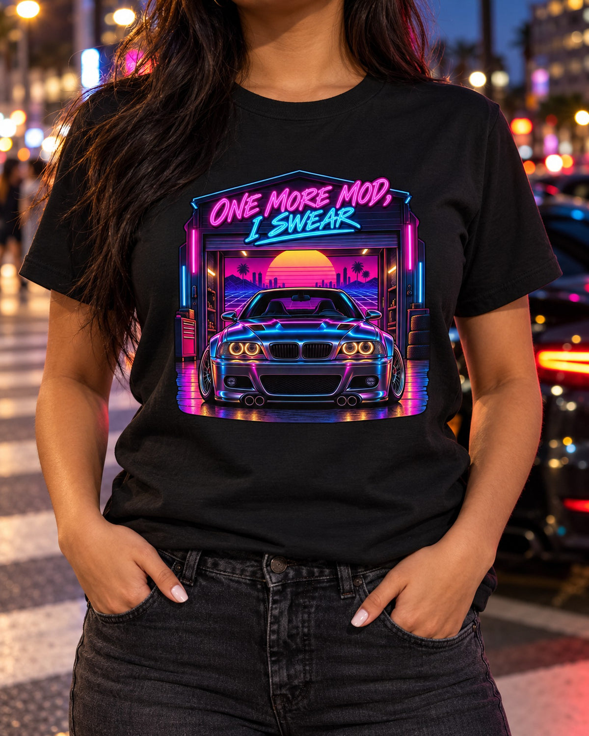 BMW E46 M3 Synthwave Shirt, One More Mod Garage Joke T-Shirt Black worn hero