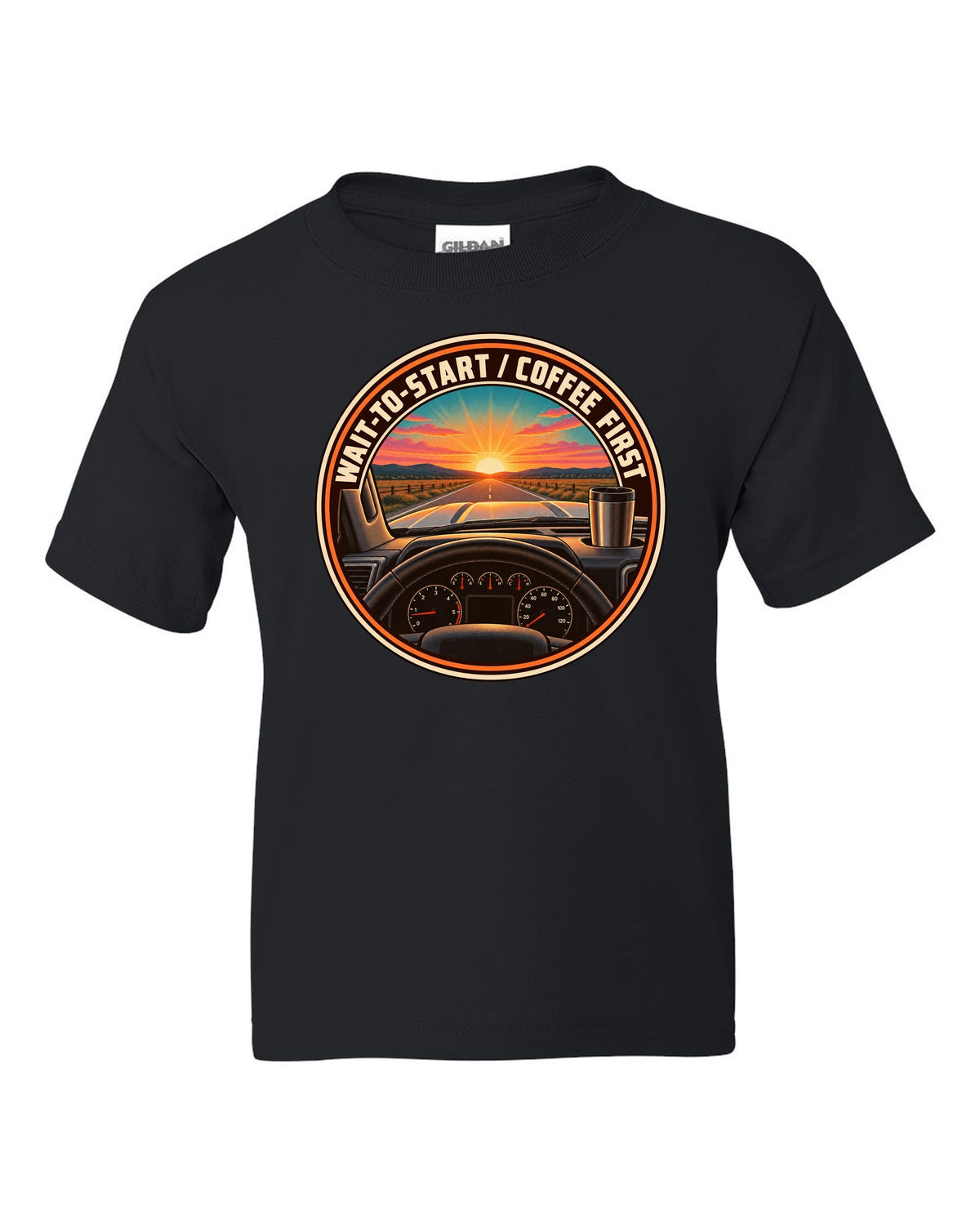 Retro sunset crest print for a 2010-2018 Ram 2500 6.7 Cummins with wait-to-start coffee first text black kids tee front view with the design