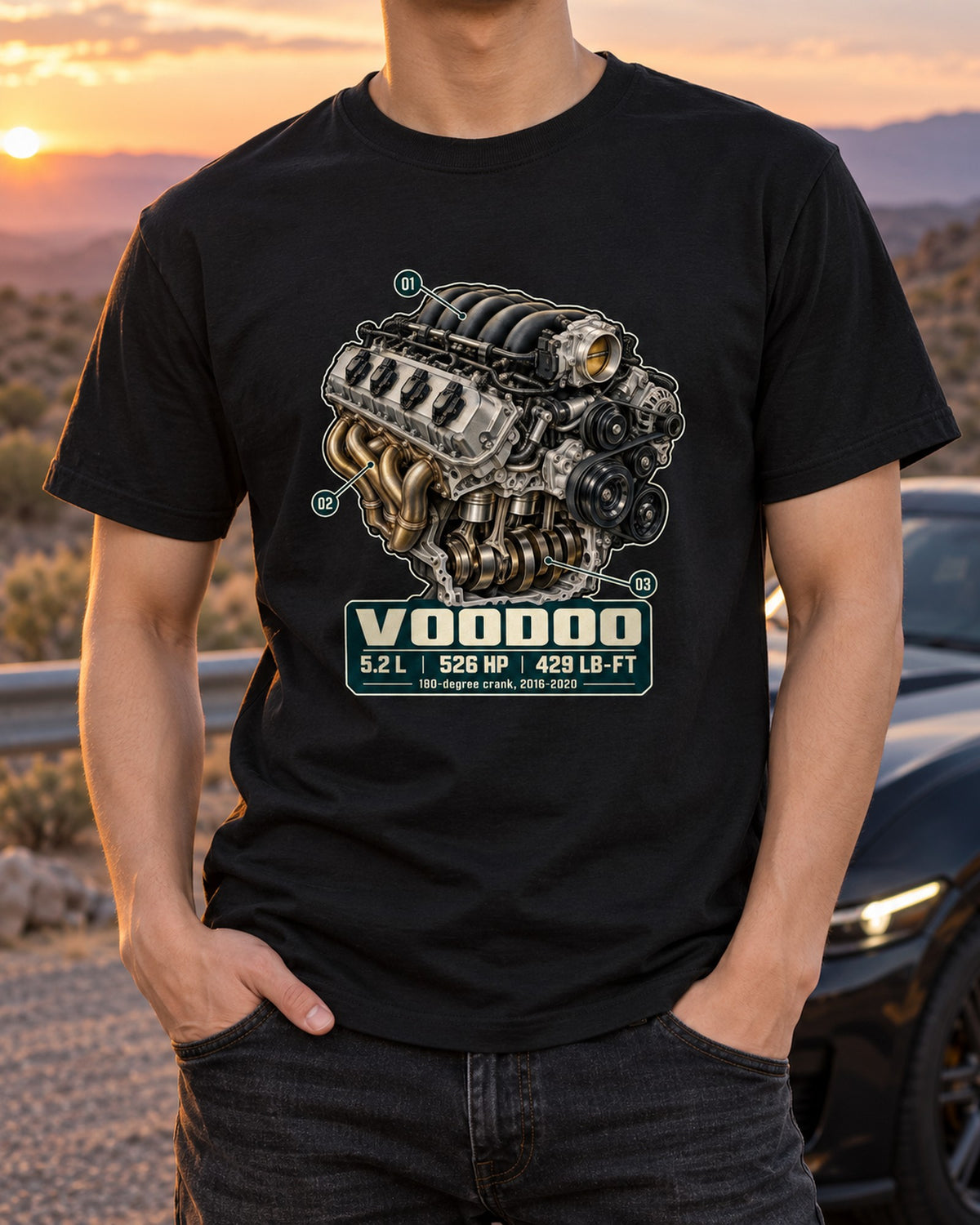 Ford Mustang GT350 S550 Voodoo Engine print Tee T-Shirt Black worn hero