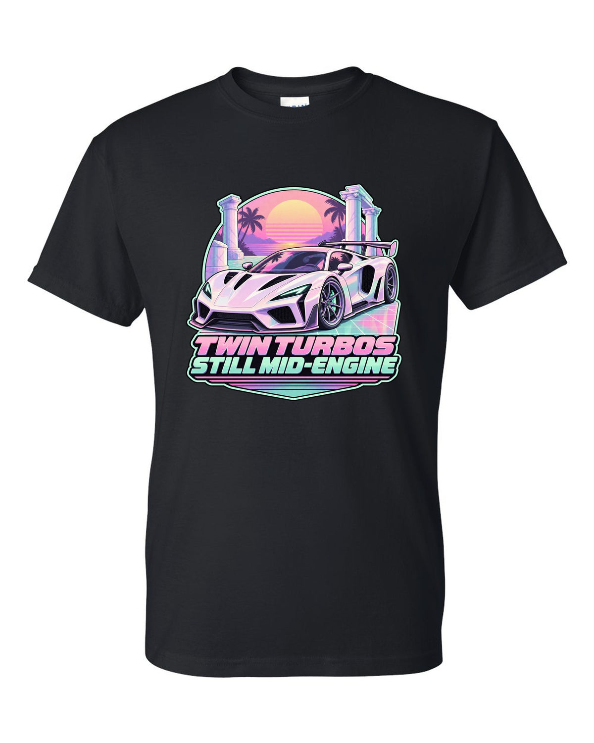 Badge crest design of a 2023 C8 Corvette Z06 with wide rear haunches black t-shirt front view with the design