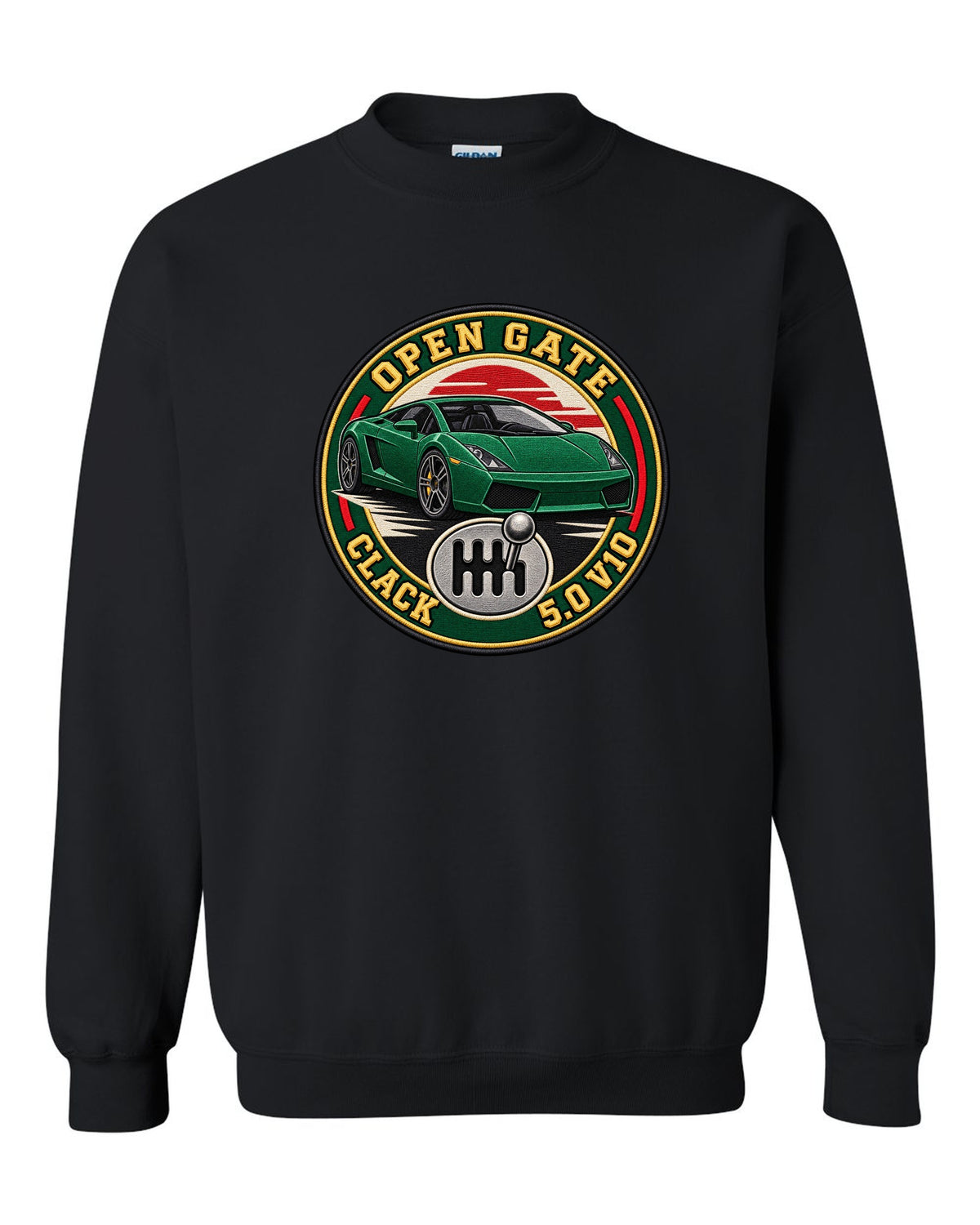 Embroidery-style crest of a Lamborghini Gallardo open-gate six-speed manual with V10 text black crewneck front view with the design