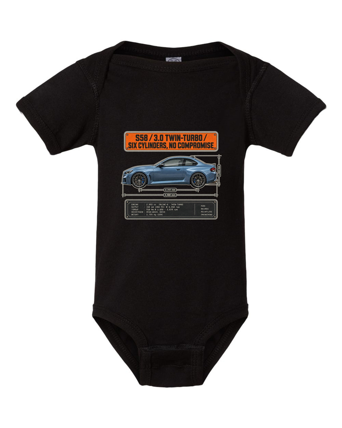 BMW M2 G87 dimension blueprint print with S58 3.0 twin-turbo text black baby onesie front view with the design