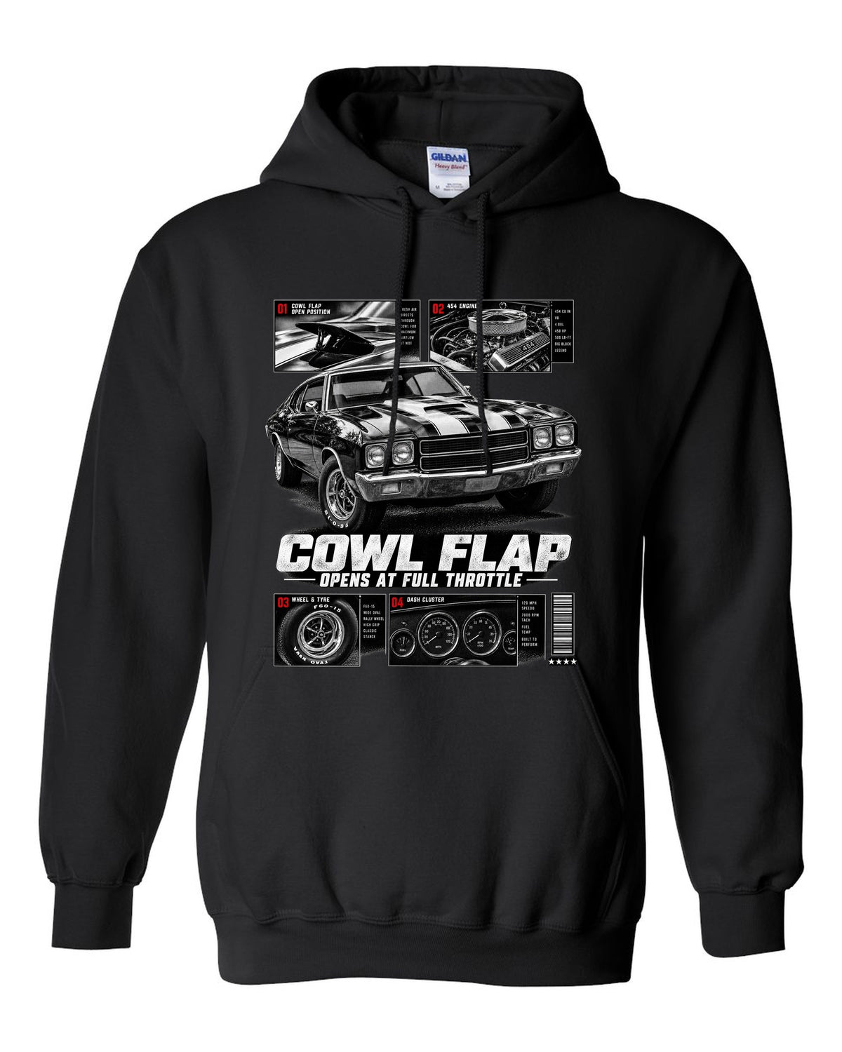 1970 Chevelle SS 454 dossier panel print with cowl flap detail black pull over hoodie front view with the design