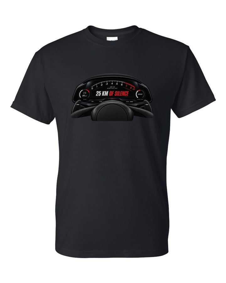 Cockpit gauge print of a Ferrari 296 GTB with the text 25 km of Silence, eDrive, 8,500 rpm limit black t-shirt front view with the design