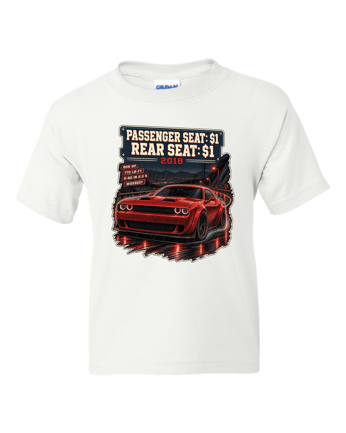 2018 Dodge Challenger SRT Demon on a night street print with seat price text white kids tee front view with the design