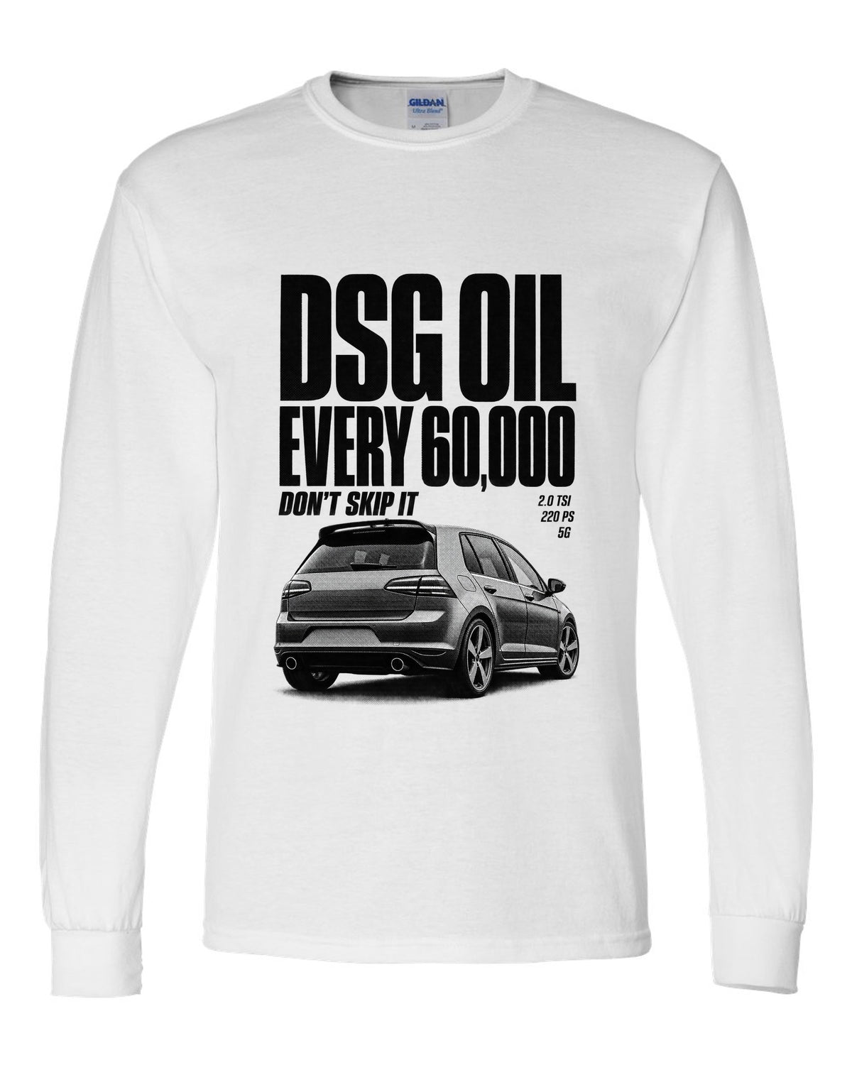 Halftone print of a VW Golf Mk7 GTI rear three-quarter with DSG oil service reminder text white long sleeve front view with the design