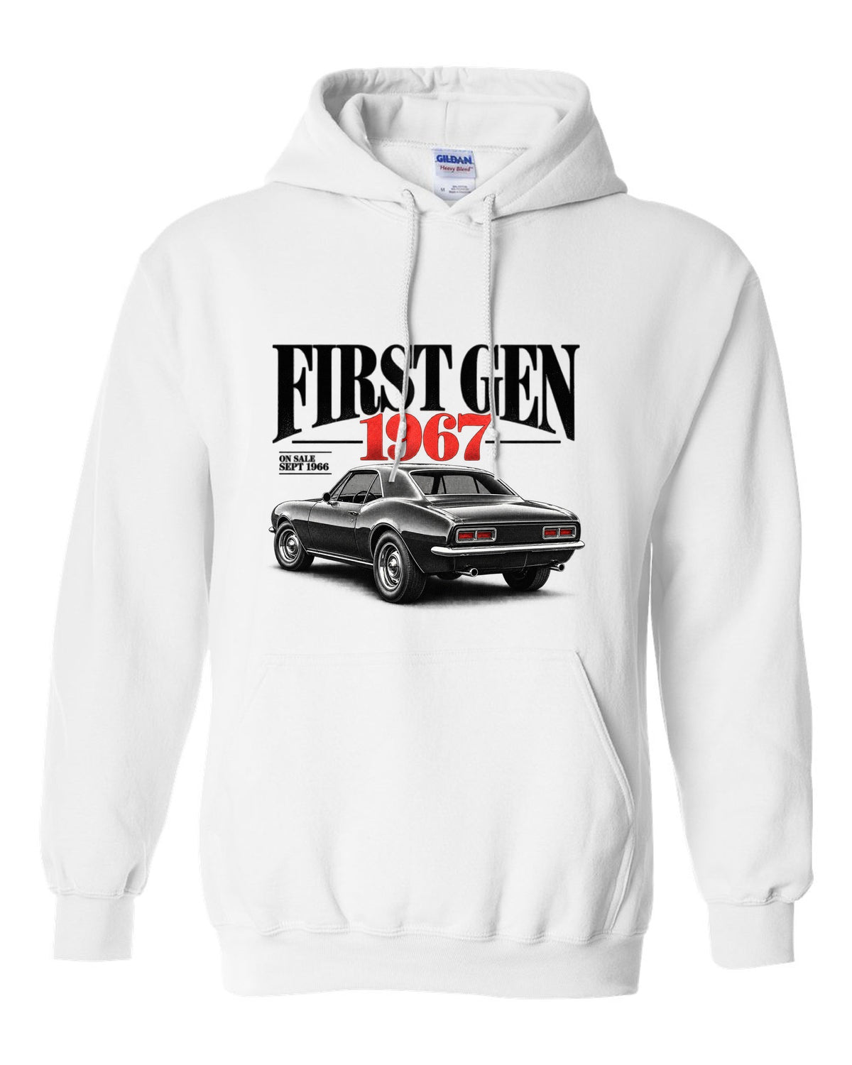 Editorial headline print of a 1967 first-gen Chevrolet Camaro with September 1966 on-sale date white pull over hoodie front view with the design