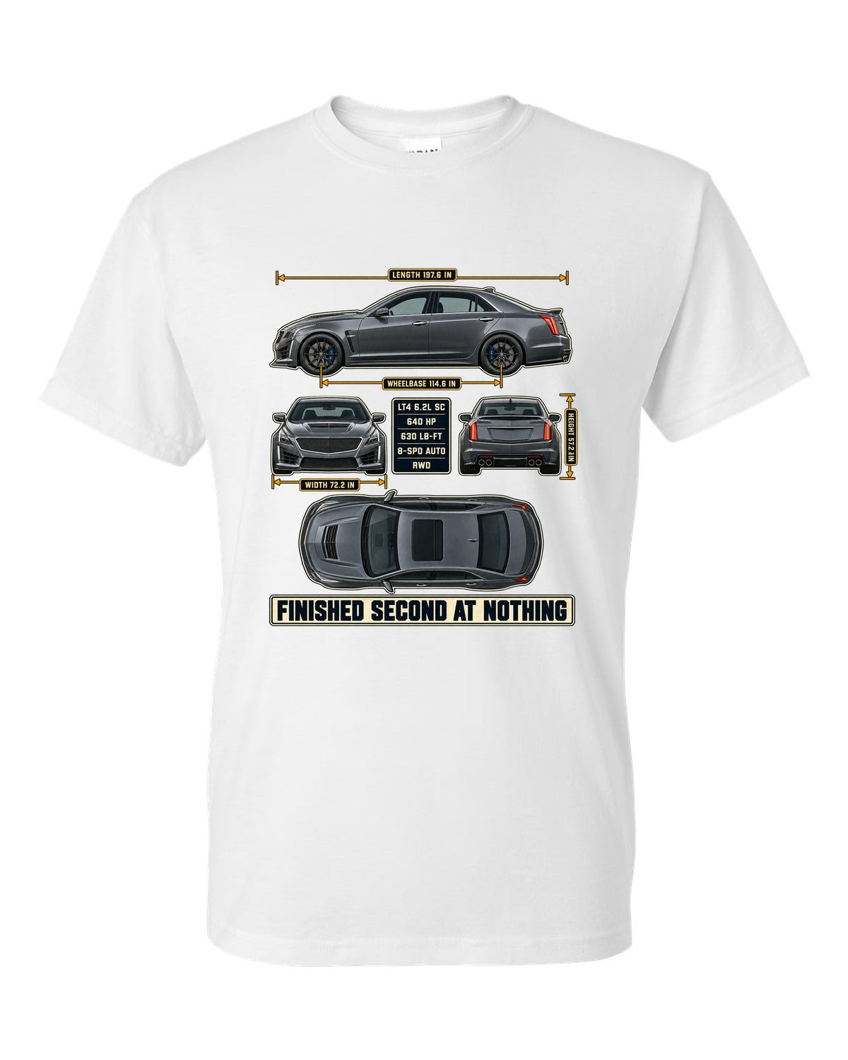 Dimension blueprint print of a 2016-19 Cadillac CTS-V sedan white t-shirt front view with the design