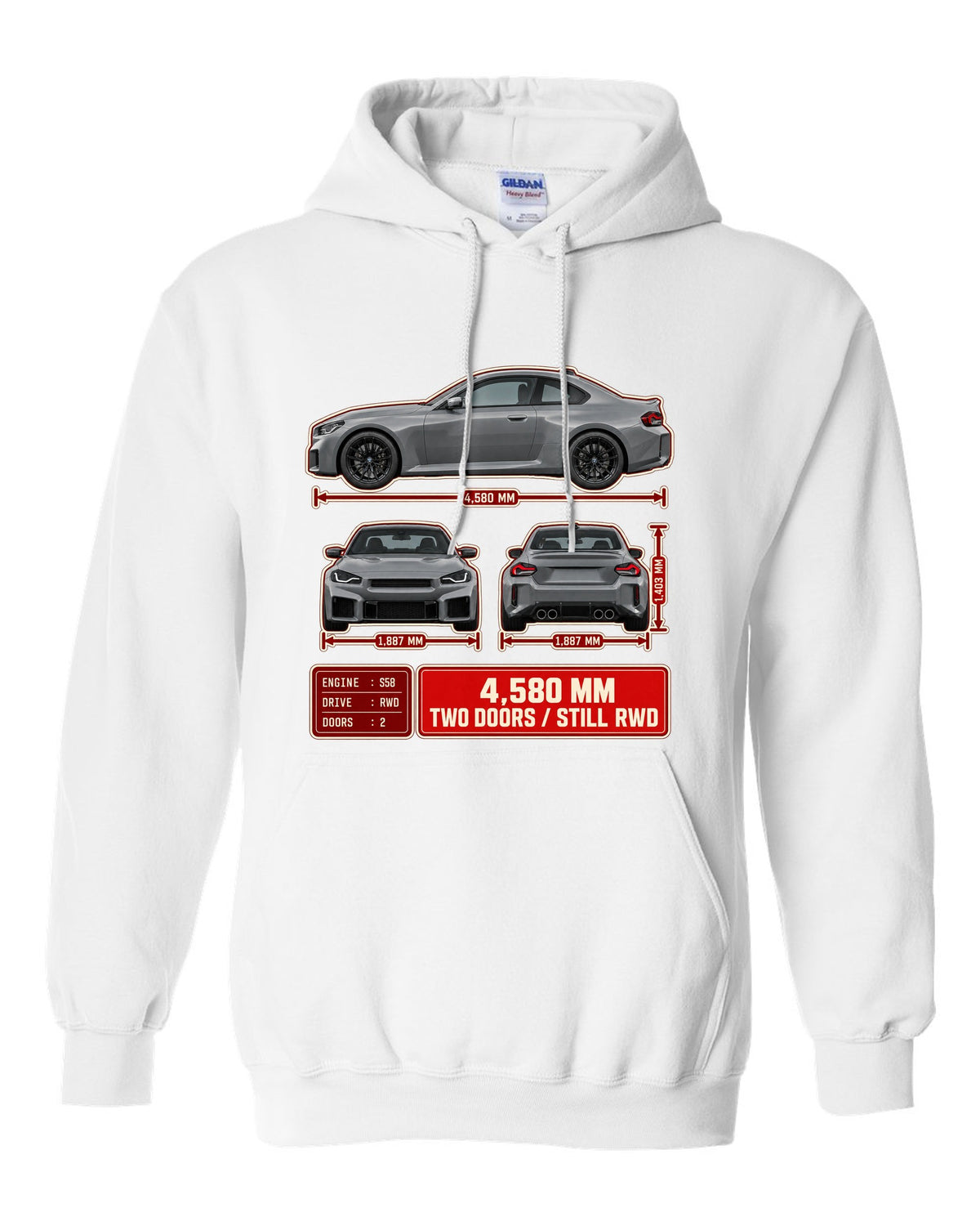 BMW M2 G87 three-view drawing with spec table noting 4,580 mm and rear-wheel drive white pull over hoodie front view with the design