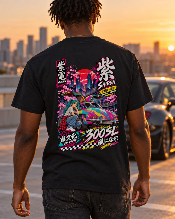 SHIDEN 300SL Anime Girl Full-Back Graphic Tee T-Shirt Black worn hero