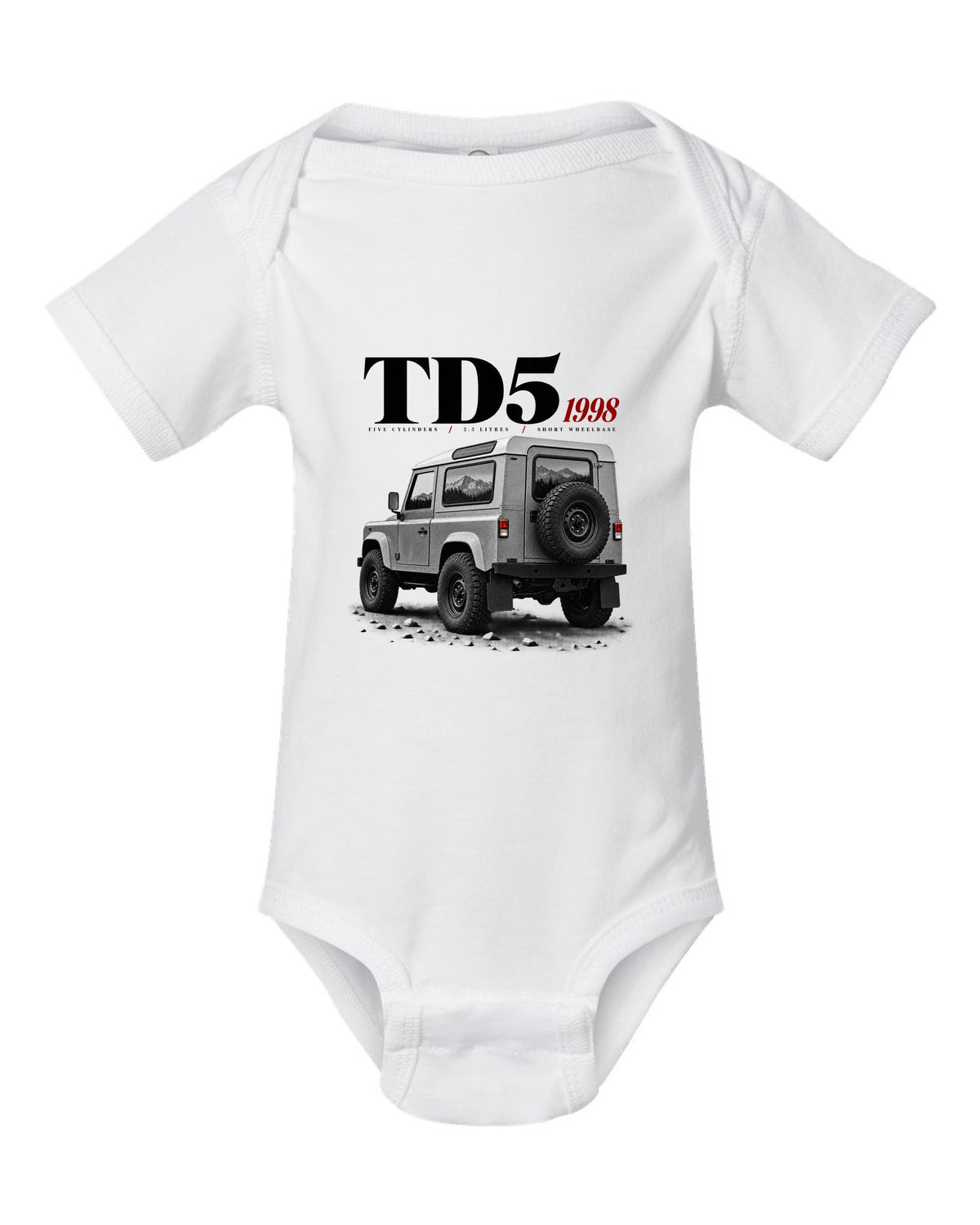 Land Rover Defender 90 editorial headline print about the 1998 Td5 engine white baby onesie front view with the design