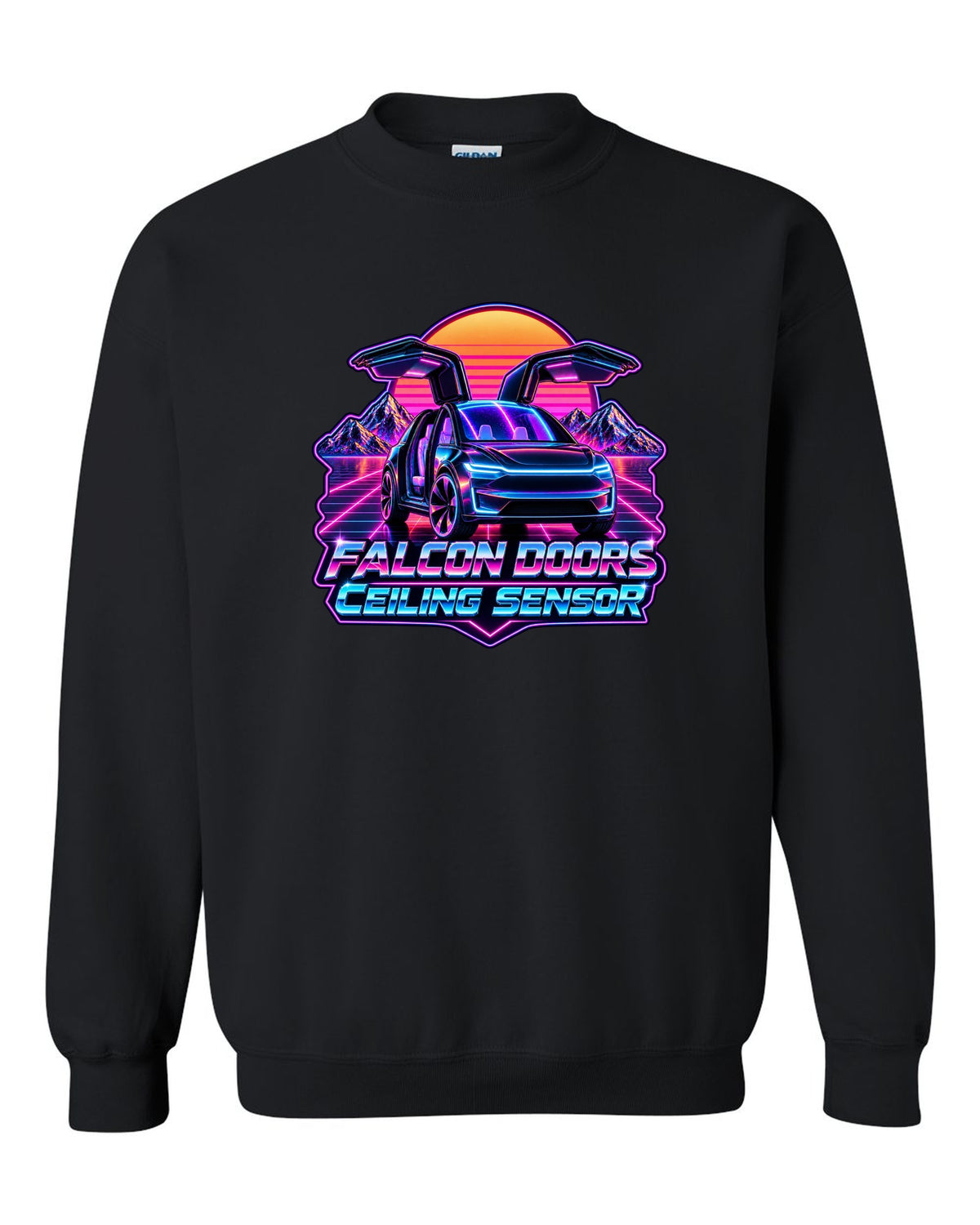 Synthwave outrun print of a Tesla Model X with falcon doors reading Falcon Doors Ceiling Sensor black crewneck front view with the design