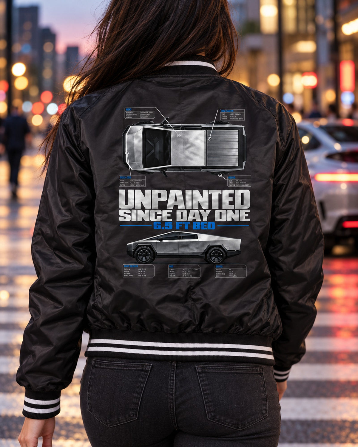 Cybertruck Unpainted Top-Down Spec Poster Shirt, Truck Gift Bomber Jacket Black worn hero