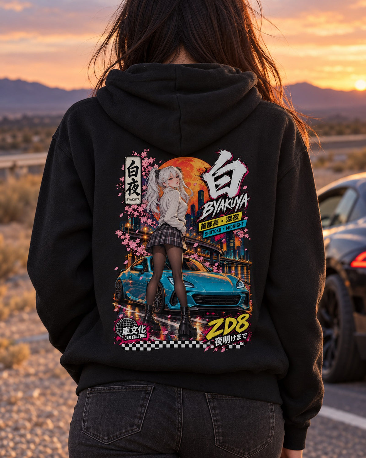 BYAKUYA ZD8 Anime Girl Full-Back Graphic Tee Pull Over Hoodie Black worn hero