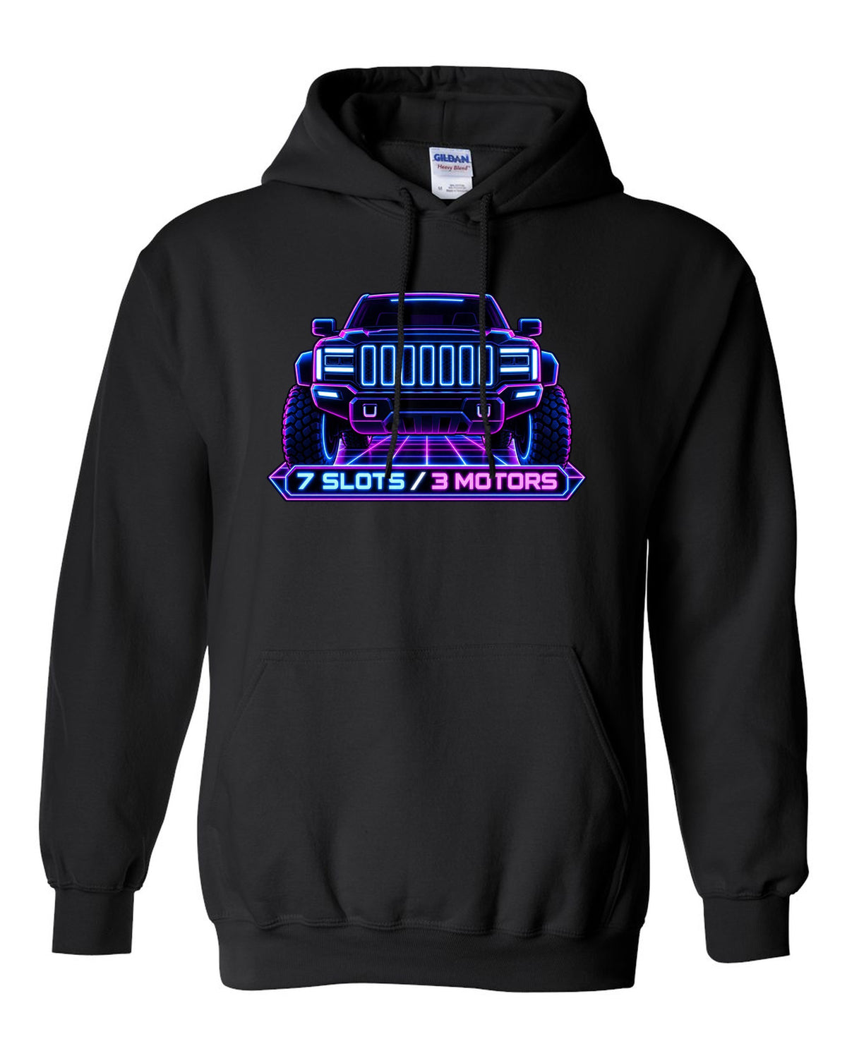 GMC Hummer EV neon vector grille panel print with seven slots and three motors black pull over hoodie front view with the design