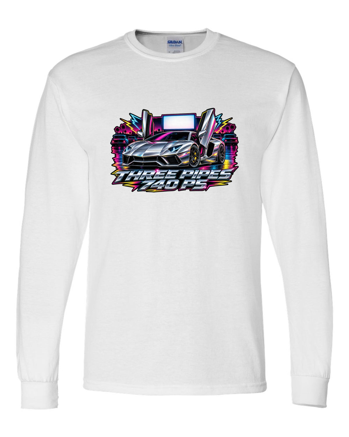 80s airbrush chrome Lamborghini Aventador S LP740-4 with the text THREE PIPES / 740 PS white long sleeve front view with the design