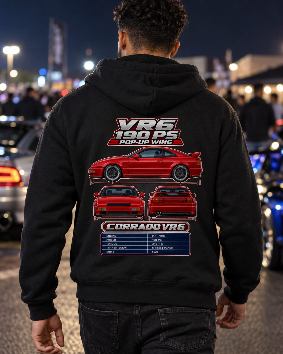 Volkswagen Corrado VR6 Spec Sheet Full-Back Graphic Tee Zip Hoodie Black worn hero
