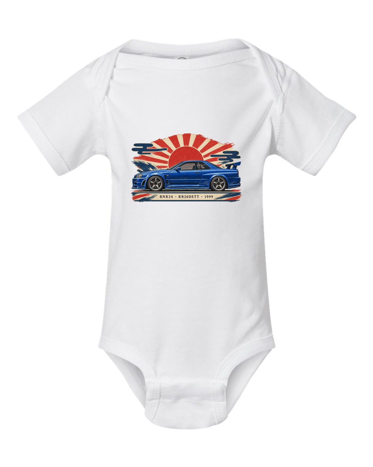 Retro Japanese Showa catalogue ad style print of a 1999 Nissan Skyline GT-R BNR34 with RB26DETT lettering white baby onesie front view with the design