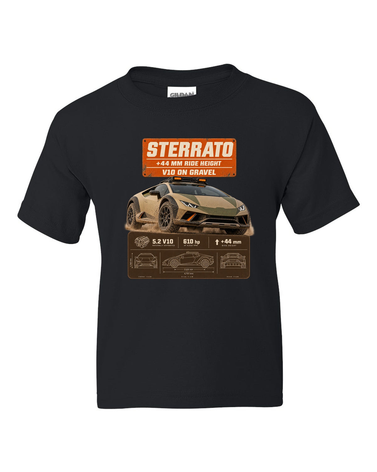 Spec poster print of the Lamborghini Huracan Sterrato black kids tee front view with the design