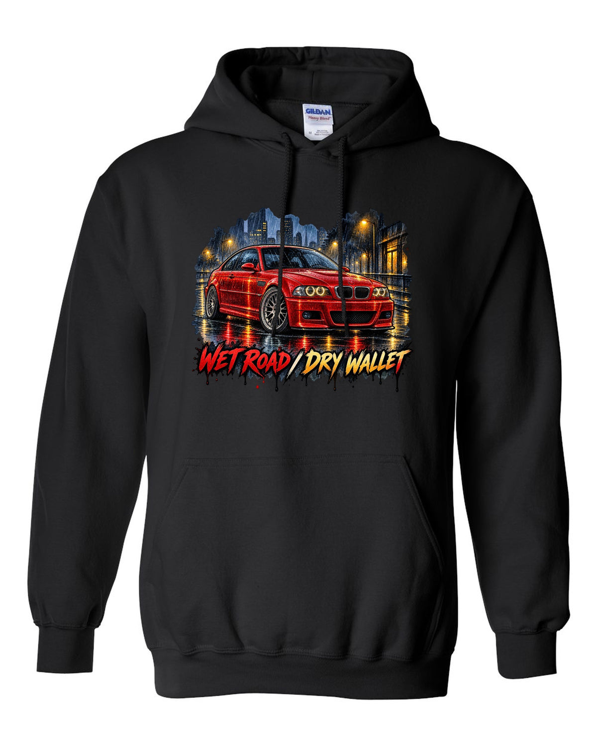 Watercolour wet-road night illustration of a BMW E46 M3 coupe with wet road dry wallet text black pull over hoodie front view with the design