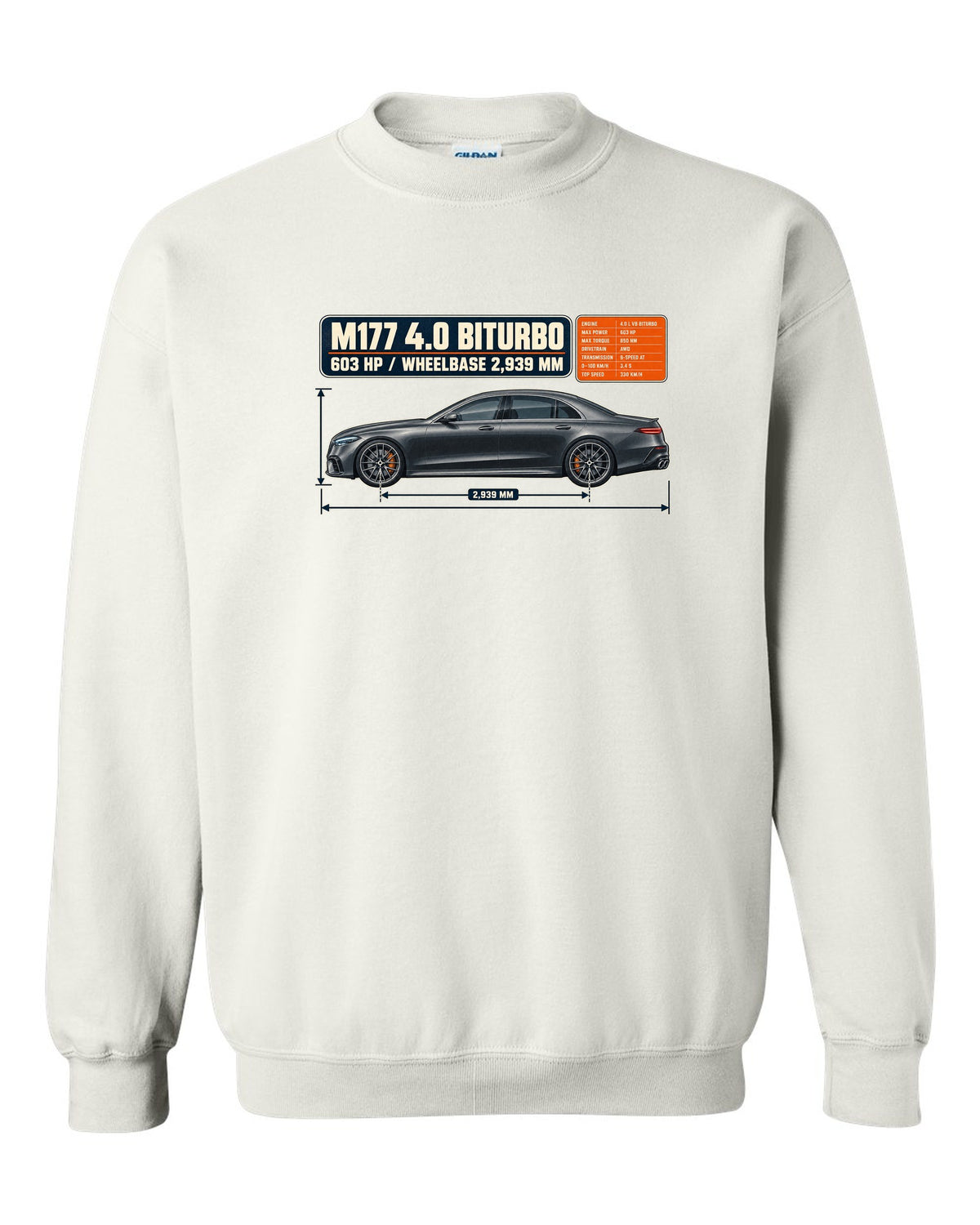 Dimension blueprint print of a graphite grey Mercedes-AMG E63 S W213 sedan white crewneck front view with the design