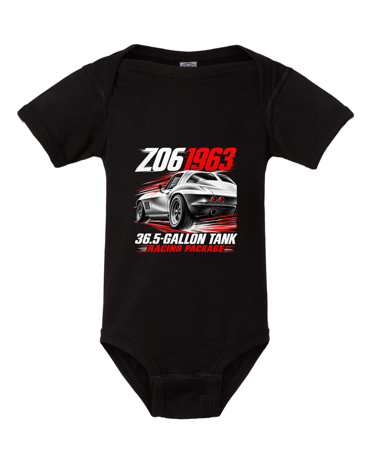 Corvette C2 Sting Ray 1963 Z06 racing package race poster black baby onesie front view with the design
