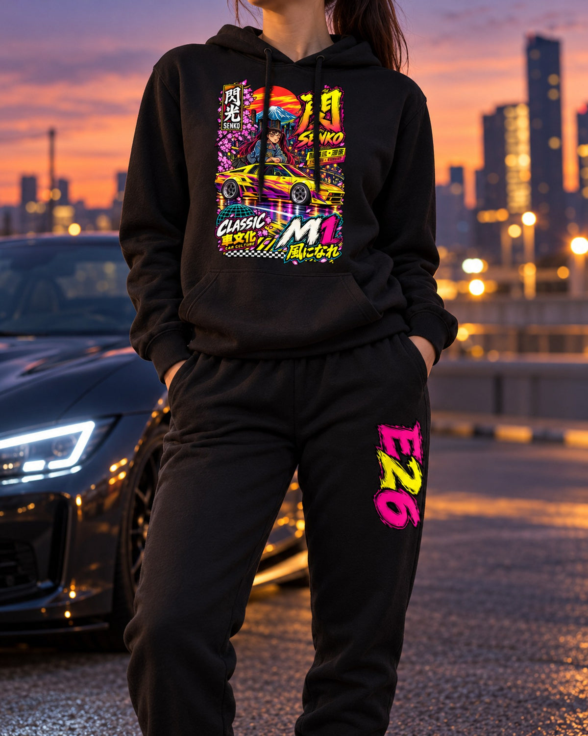 E26 Senko Anime Girl Poster Hoodie + Jogger Set Black worn hero