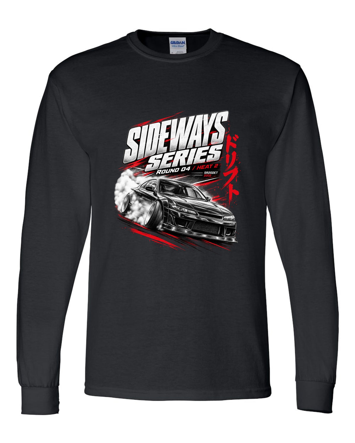 Race poster print of a Nissan Silvia S15 with Sideways Series Round 04 lettering black long sleeve front view with the design