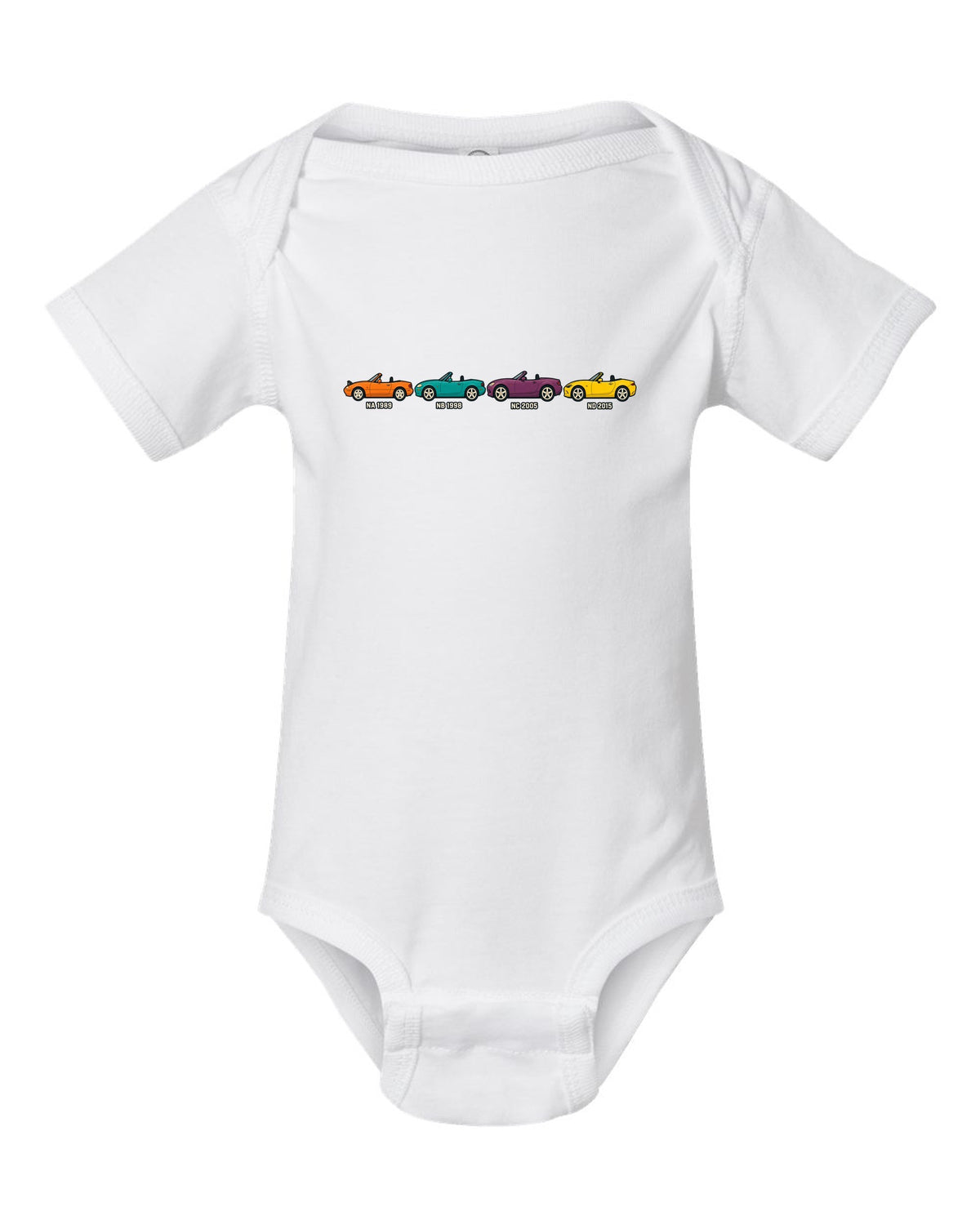 Ukiyo-e woodblock print of a Mazda MX-5 NA roadster taking a hairpin corner white baby onesie front view with the design