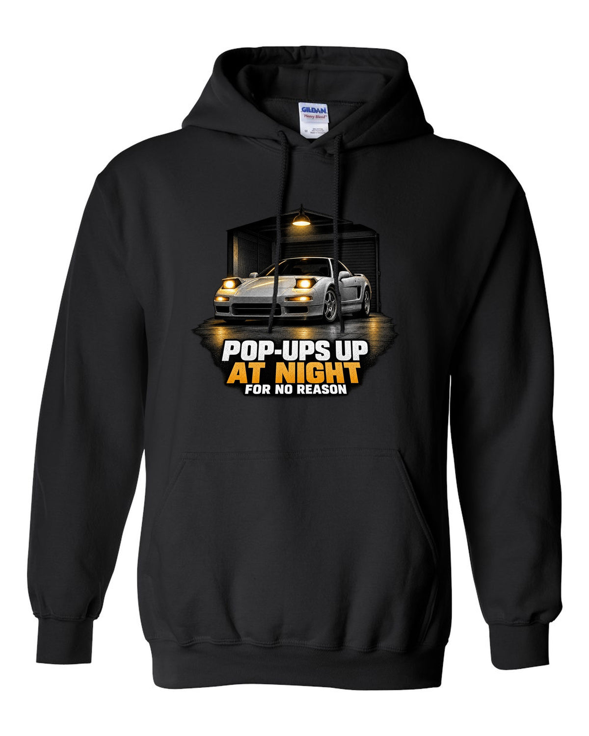 Honda NSX NA1 garage night design with pop-ups up at night for no reason text black pull over hoodie front view with the design