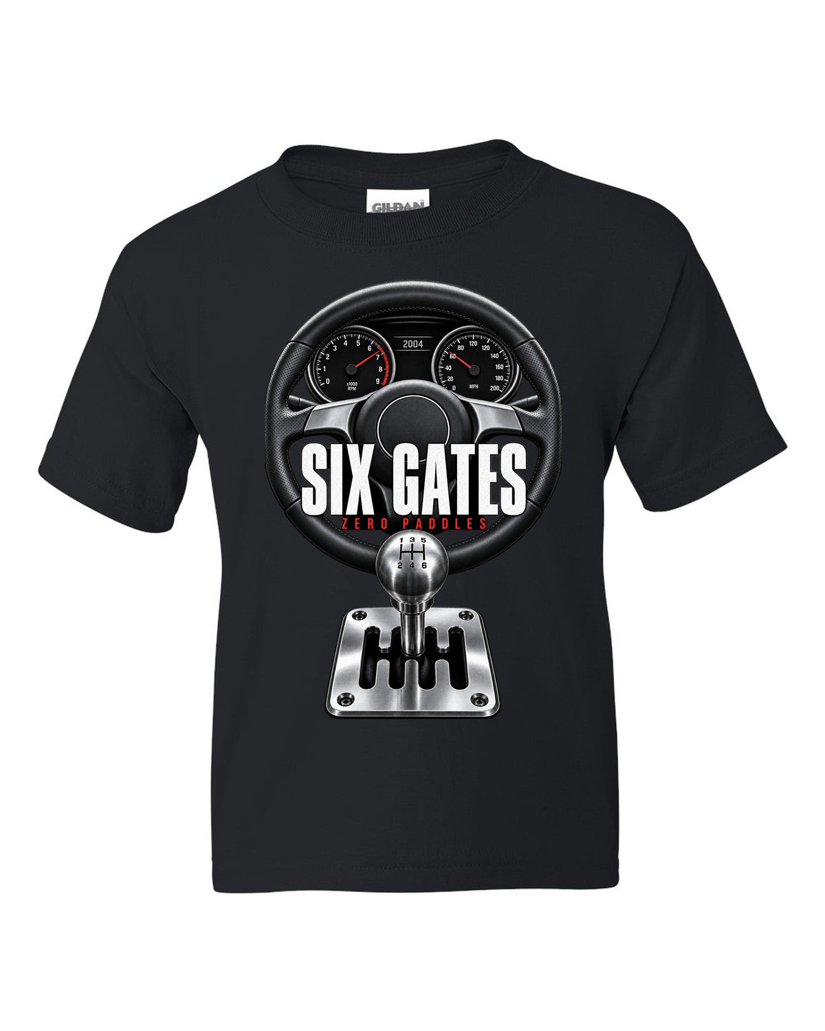 Cockpit print of a Lamborghini Gallardo with gated six-speed shifter and Six Gates text black kids tee front view with the design