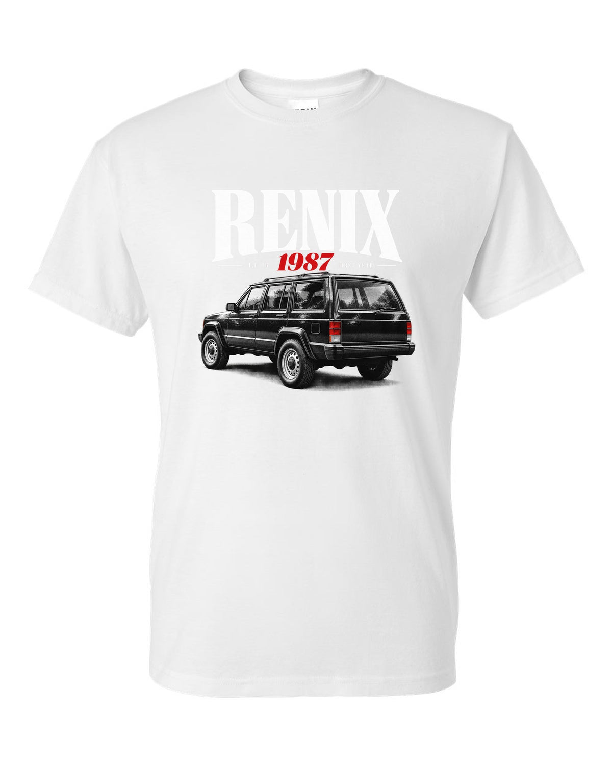 Jeep Cherokee XJ editorial headline print about the 1987 Renix 4.0 I6 white t-shirt front view with the design