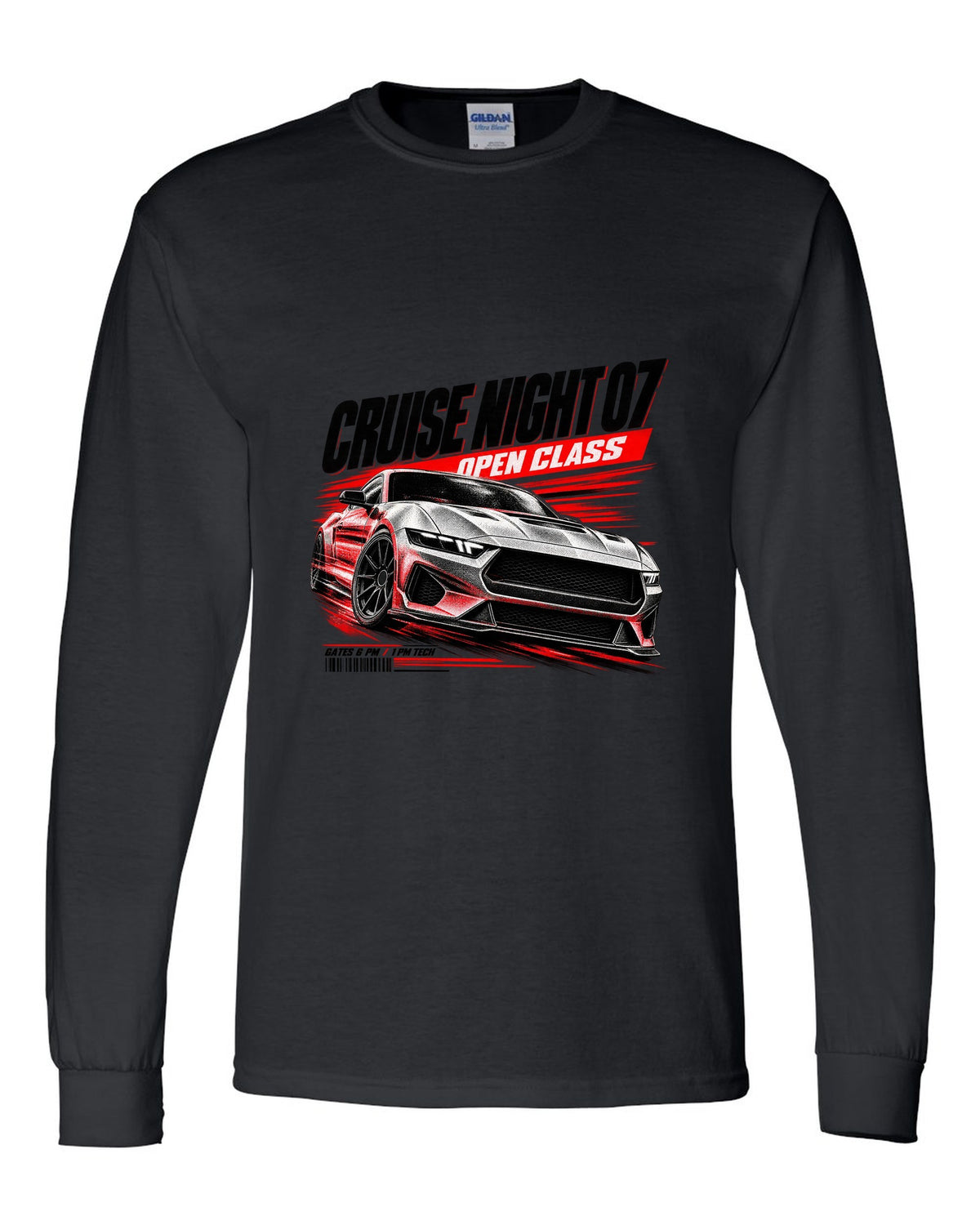 Ford Mustang S650 GT race poster print reading Cruise Night 07 Open Class black long sleeve front view with the design