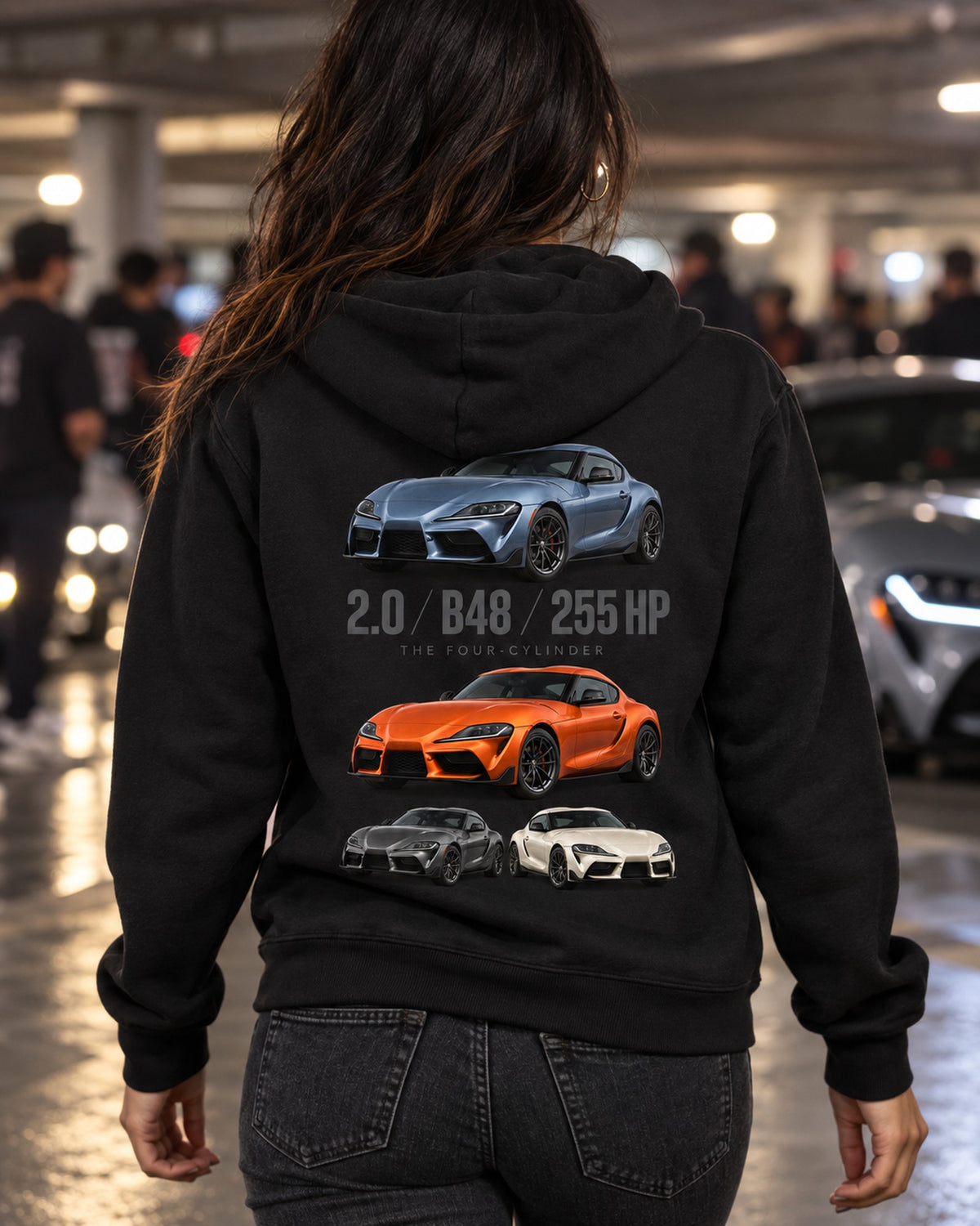 Toyota GR Supra 2.0 B48 Spec Poster Shirt, Four-Cylinder Zip Hoodie Black worn hero