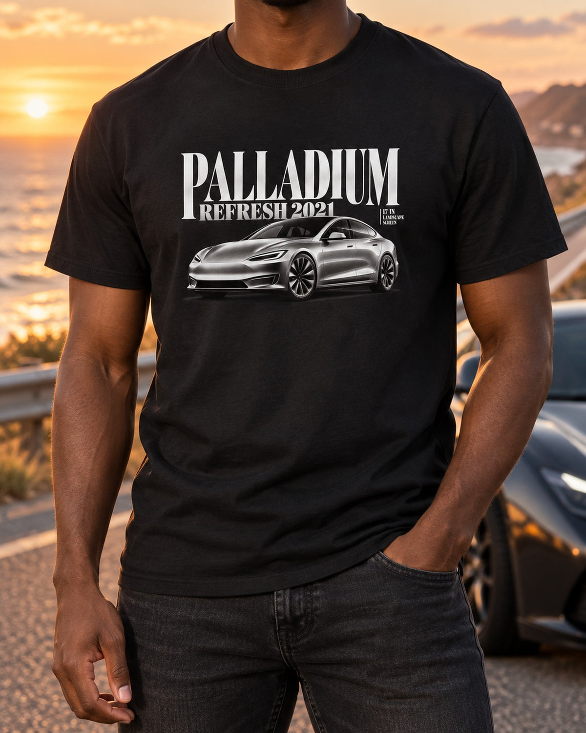 Tesla Model S Palladium Editorial Shirt, 17 Inch Landscape Screen T-Shirt Black worn hero