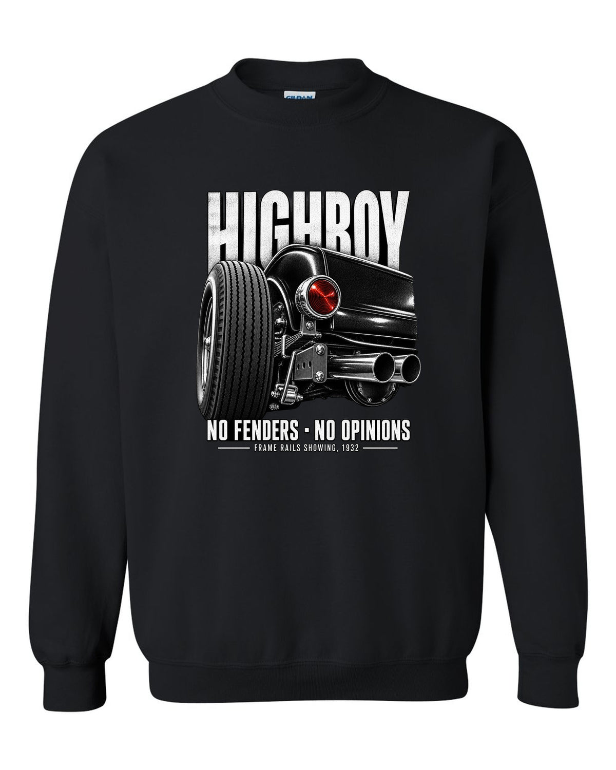 Rear taillight detail print of a 1932 Ford Deuce highboy roadster black crewneck front view with the design