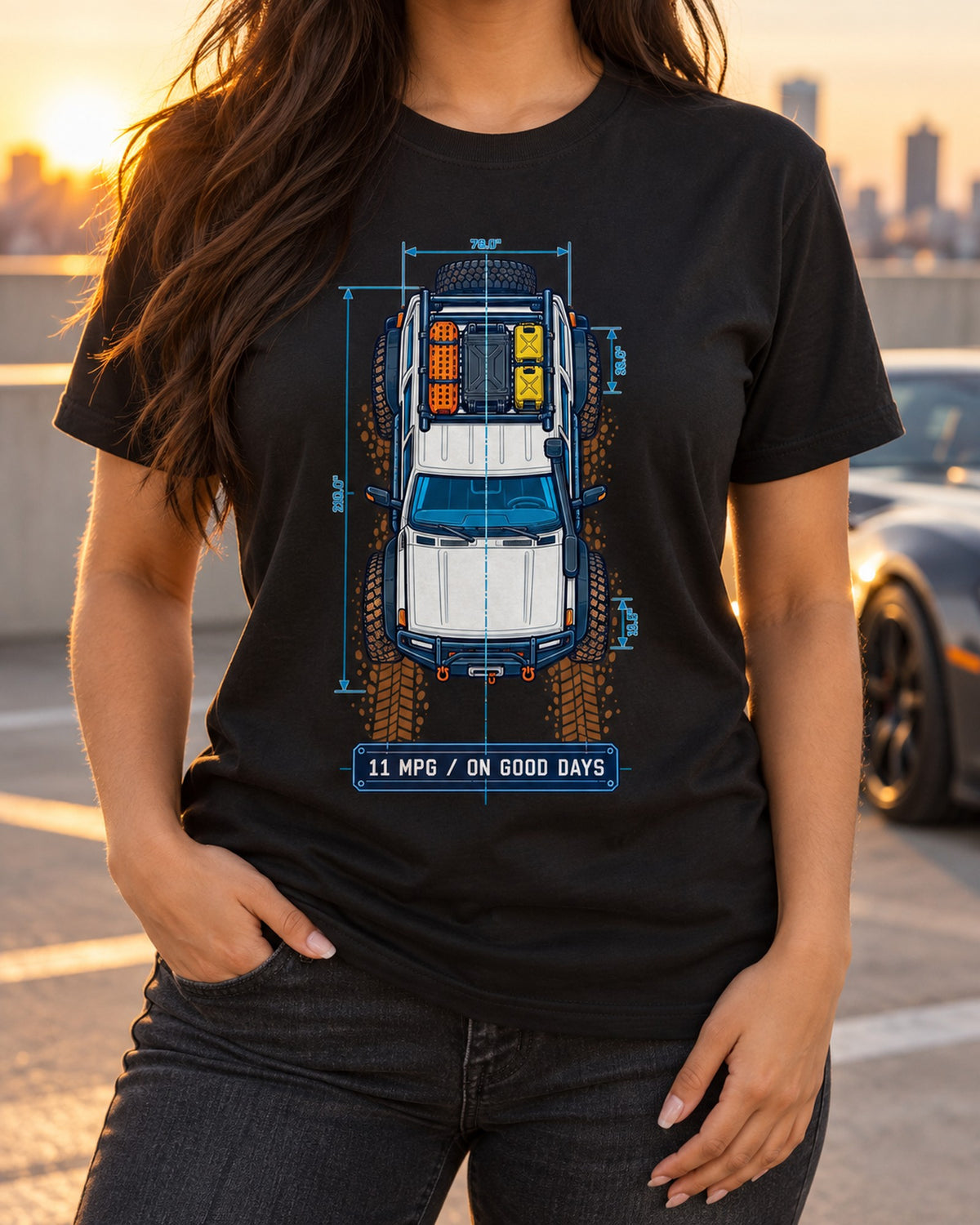 Land Cruiser FJ80 Top-Down Blueprint Tee: 11 MPG on Good Days T-Shirt Black worn hero