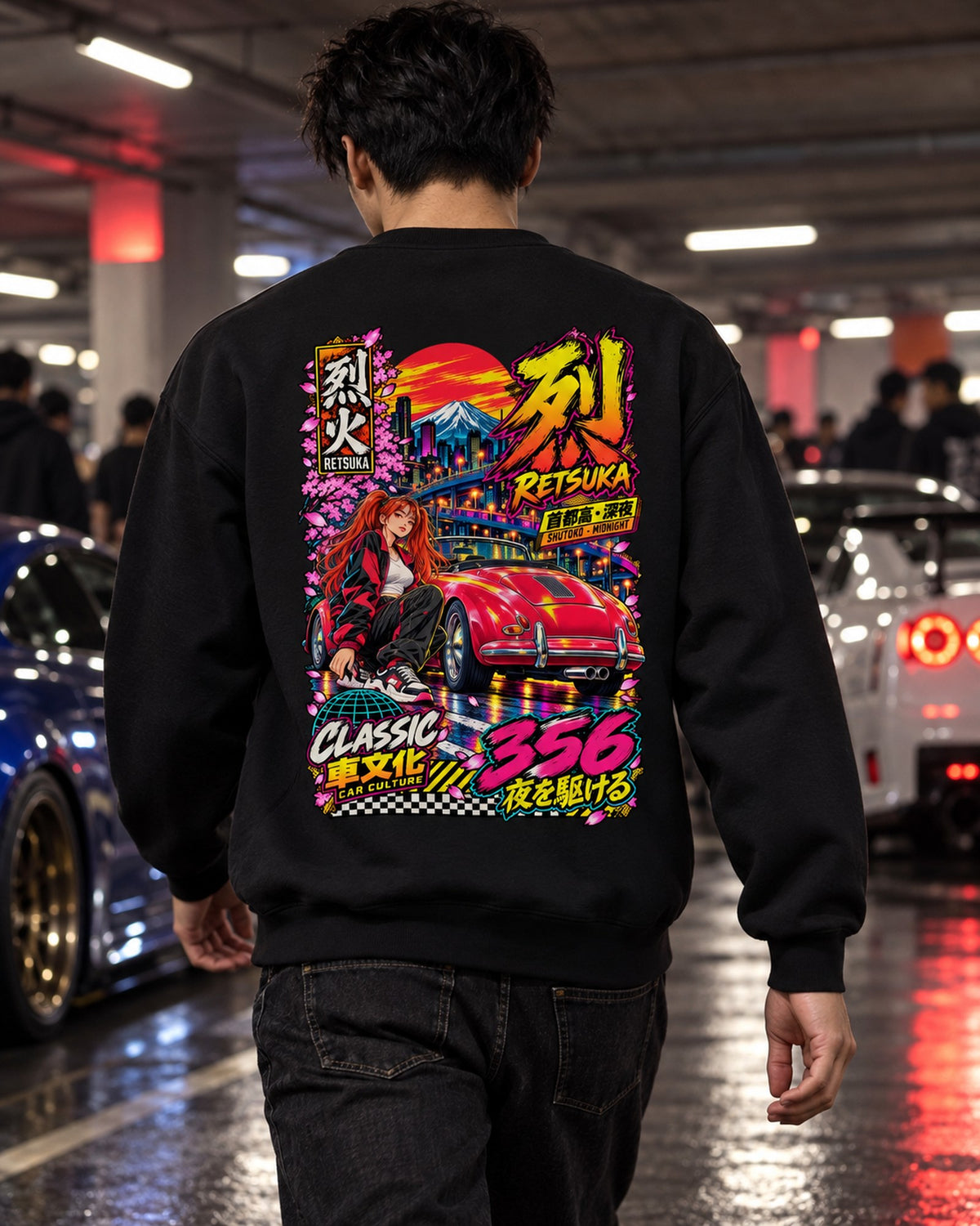RETSUKA 356 Anime Girl Full-Back Graphic Tee Crewneck Black worn hero